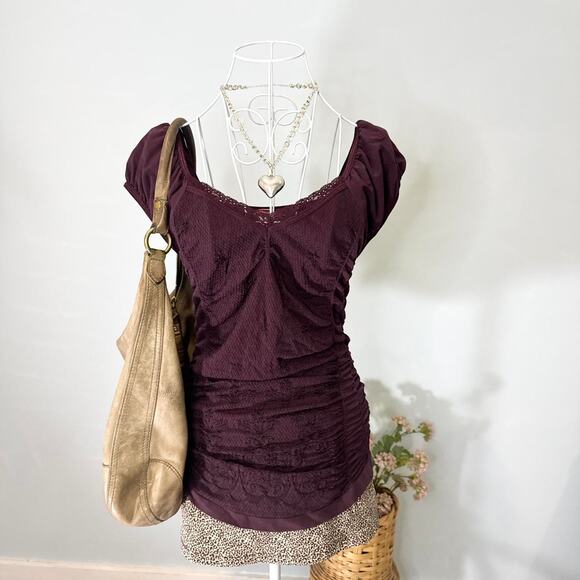 Cute vintage y2k maroon/ purple tight lace pleated stretchy top - Picture 2 of 6